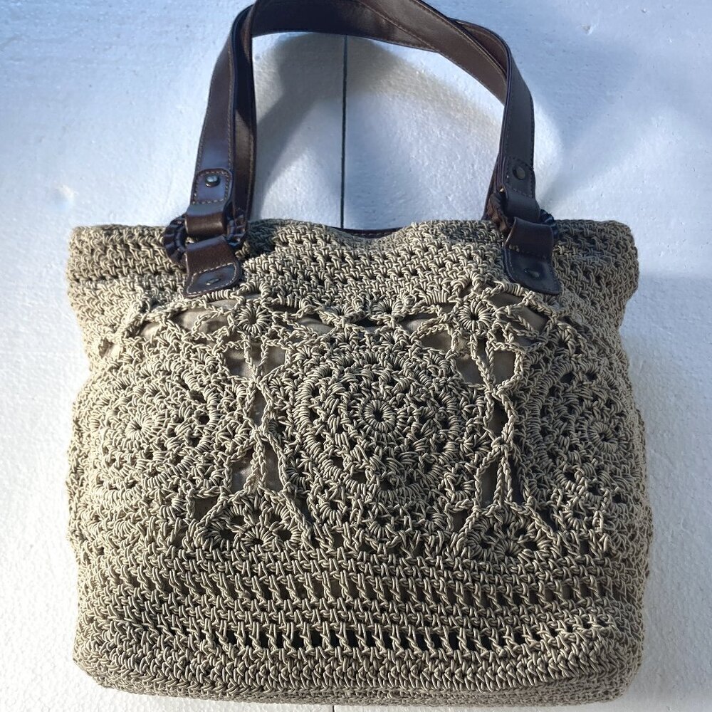 Vintage crochet shoulder strap handbag artsy brown faux leather boho cottage
